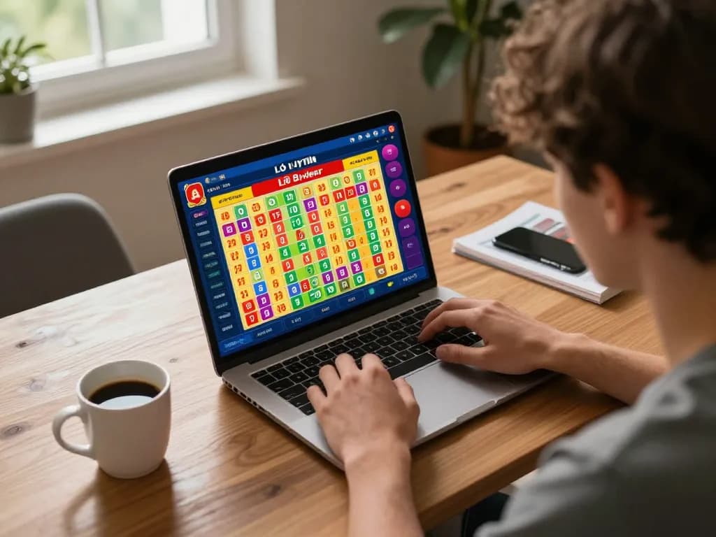 Lô Đề Uy Tín gaming on a laptop with betting scenarios in cozy home office