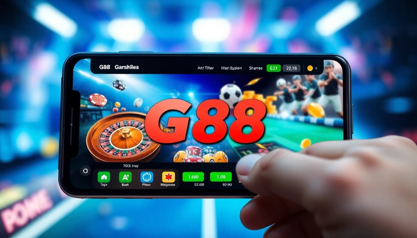G88 gaming platform displayed on a smartphone, showcasing vibrant game icons and betting graphics.