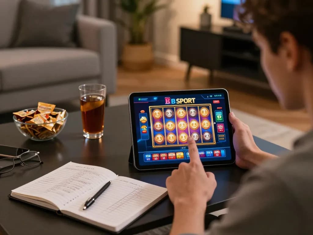 Engaging player using Bsport casino app on tablet for online gambling at home