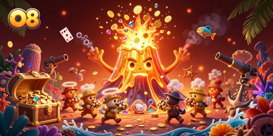 Spin and win with O8 in this lively casino-themed 3D illustration filled with treasure and excitement.