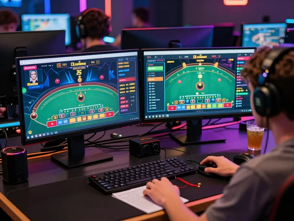 Luck8 player engaging in live dealer blackjack at a professional online gaming setup with multiple screens.