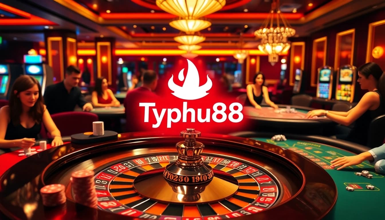 Typhu88 casino scene showcasing roulette, poker tables, and vibrant gaming atmosphere.