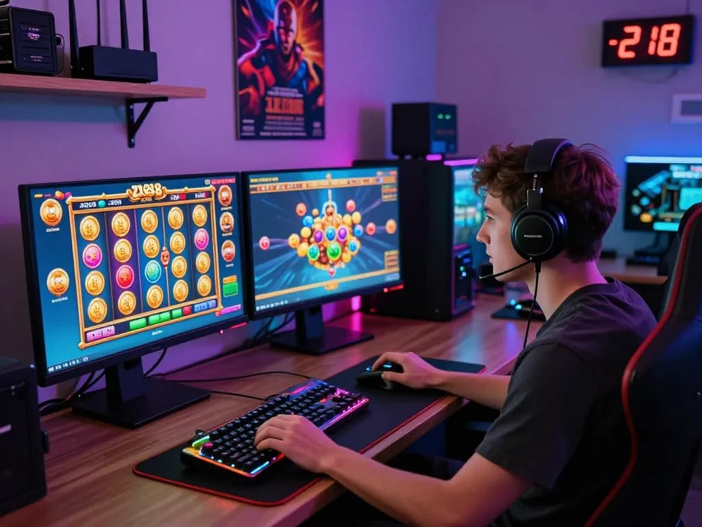 Engaged gamer playing ZX88 on multiple monitors in a vibrant gaming setup