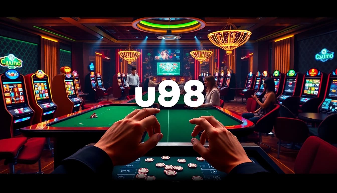 Engaging online gambling scene highlighting uu88 with casino tables, chips, and vibrant slot machines.