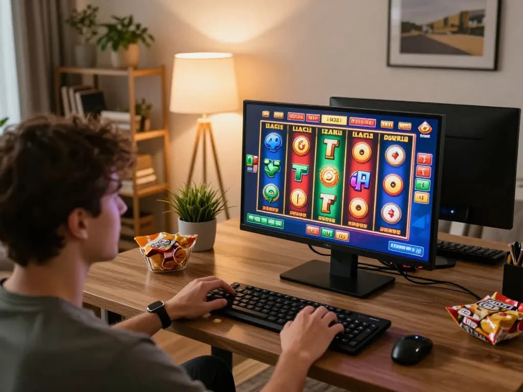 FLY 88 player engaged in exciting online slot gaming in a comfortable home setting.