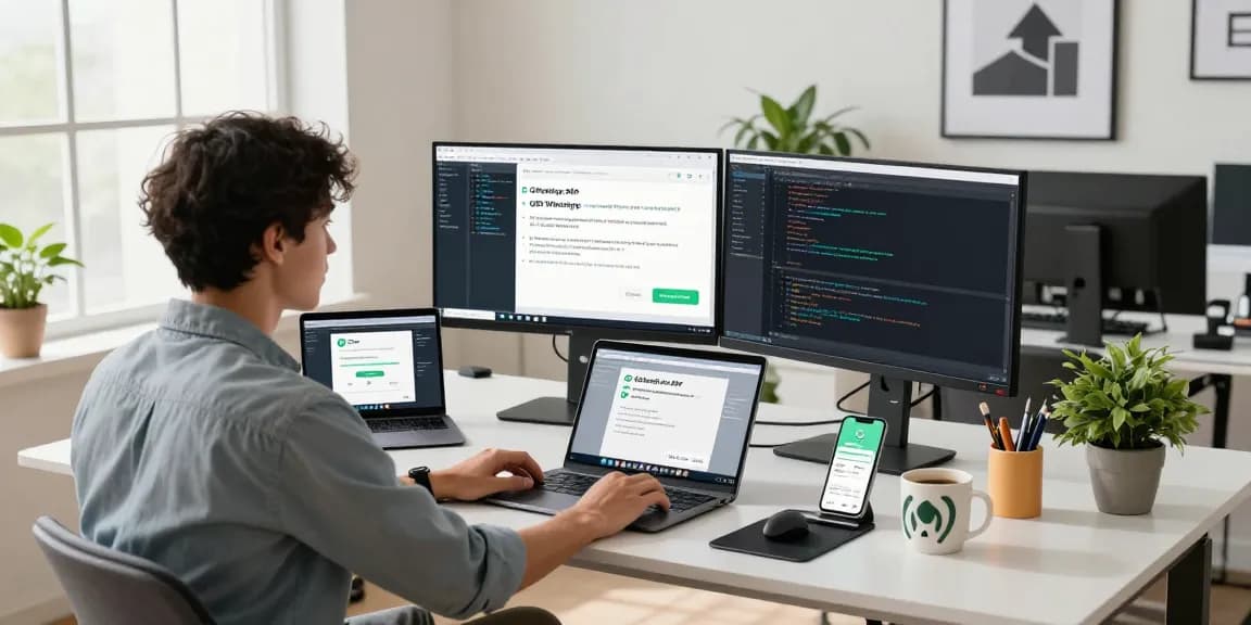 Developer discussing GB WhatsApp app features in a modern office workspace with multiple screens and tech gadgets.