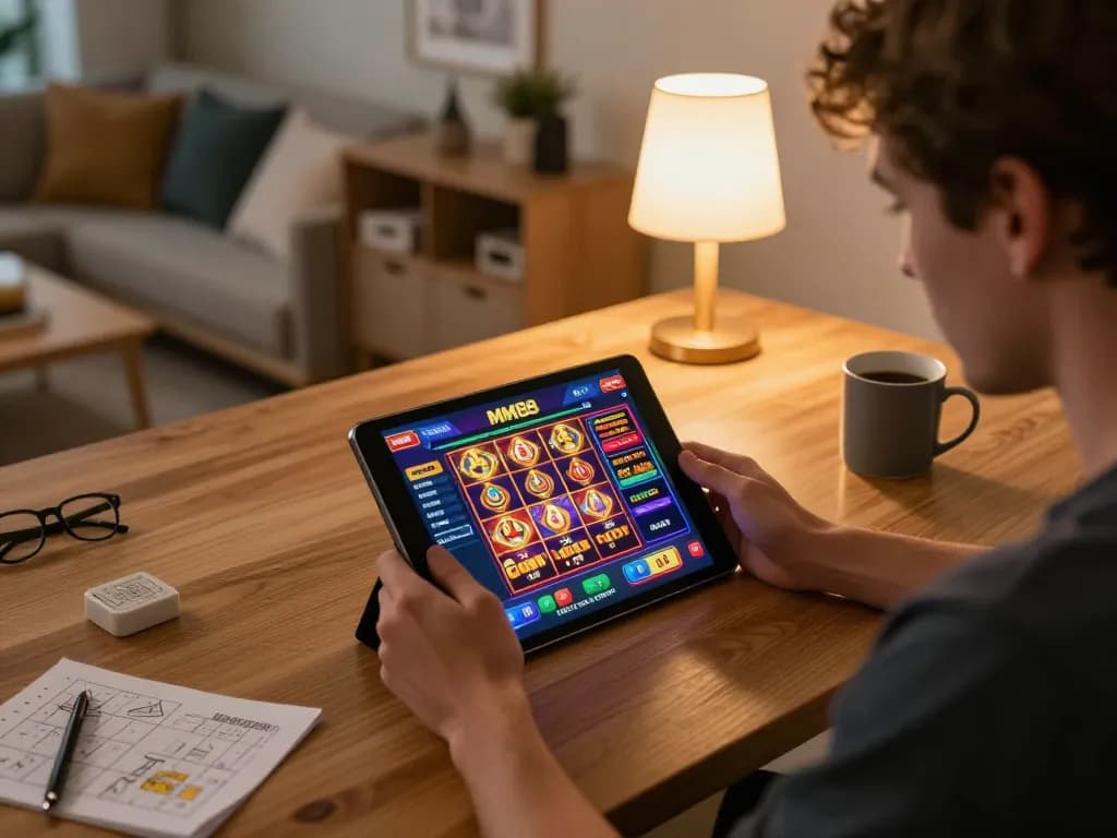 MM88 user engaging with online slots during an exciting gaming session at home.