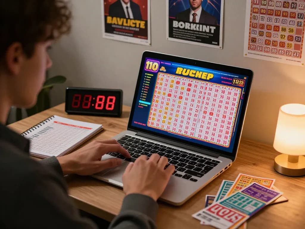 Focused individual analyzing lô đề online strategies on their laptop, surrounded by lottery tickets and trend charts.