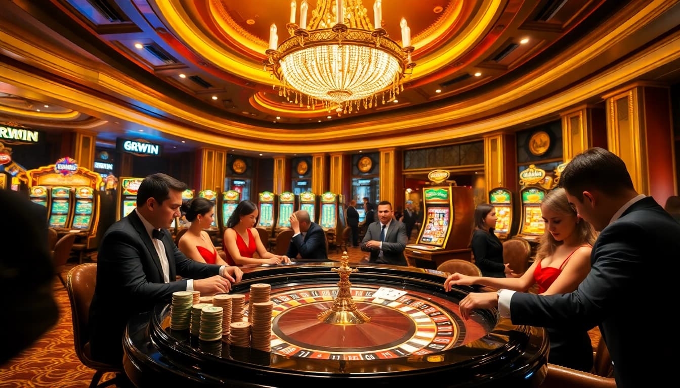 Winning at 6RWIN: Gamblers enjoying a luxurious casino experience with roulette and poker.