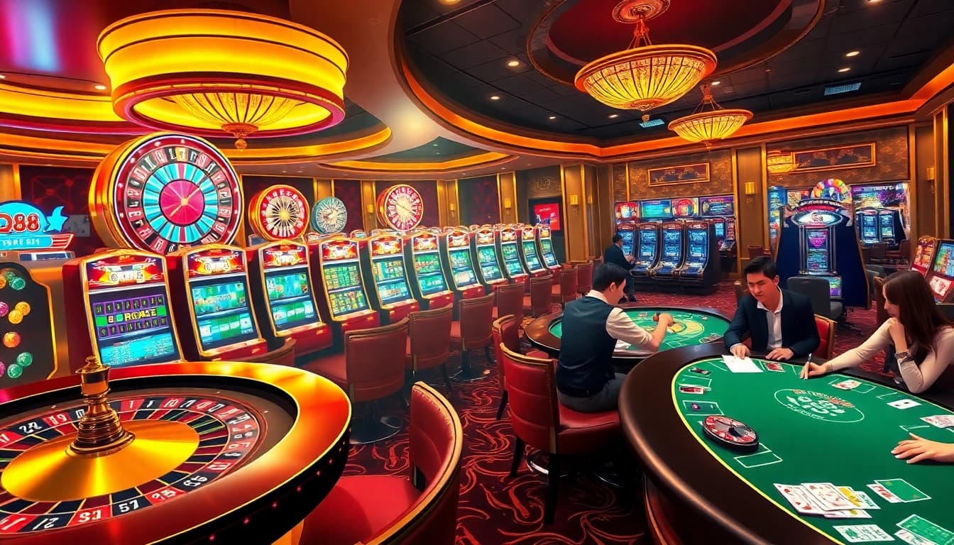 Experience thrilling gambling action at QQ88 with exciting casino visuals, vibrant tables, and engaging games.