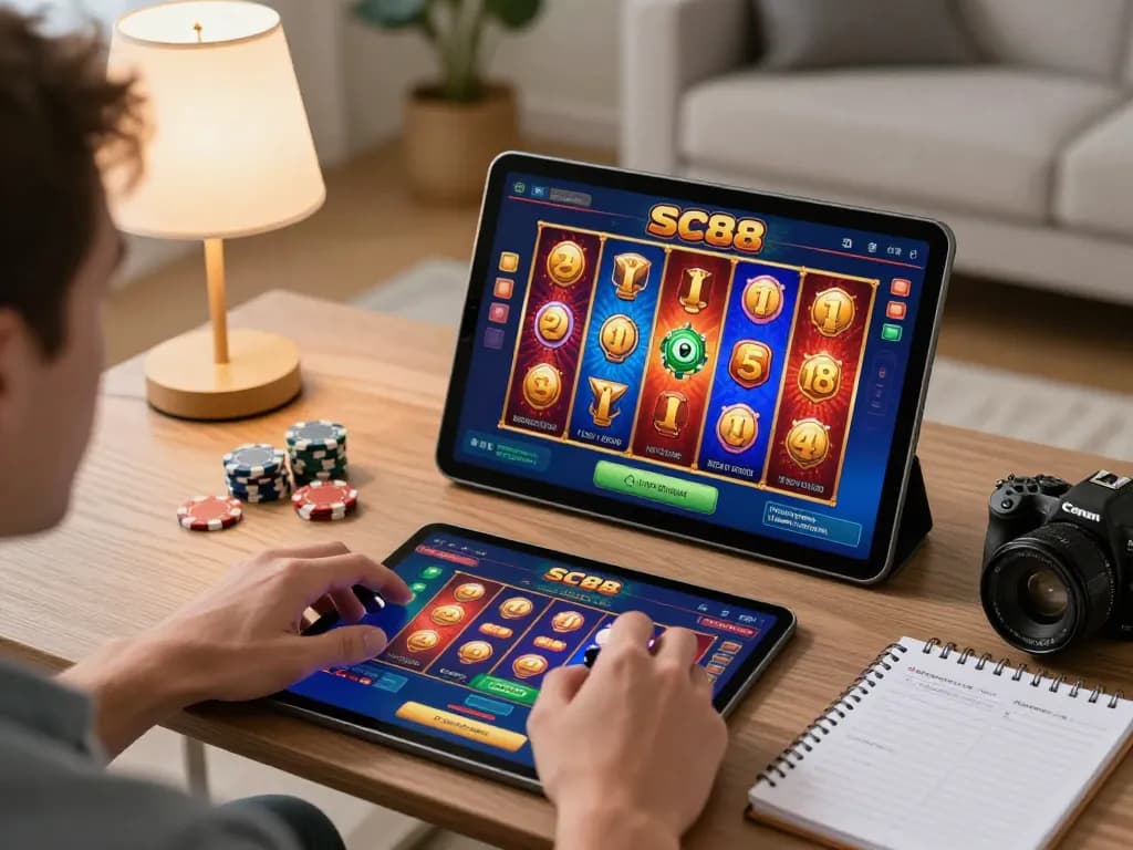 SC88 app displayed on tablet screen showing vibrant slot game while player engages in online gambling.