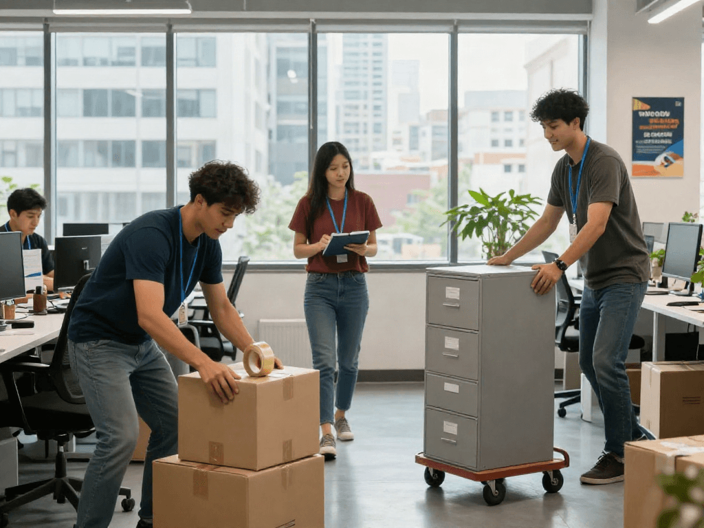 Office movers London team packing office supplies efficiently in a modern workspace.