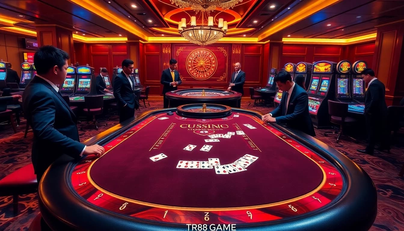 Engaging players enjoying the TR88 GAME at a luxurious casino table with vibrant atmosphere.