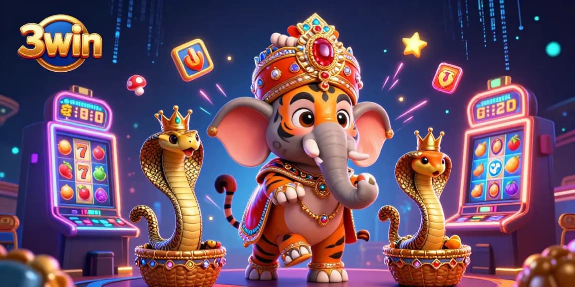 Experience thrilling wins at 3win with colorful slot machines, a majestic maharaja, and vibrant casino elements.