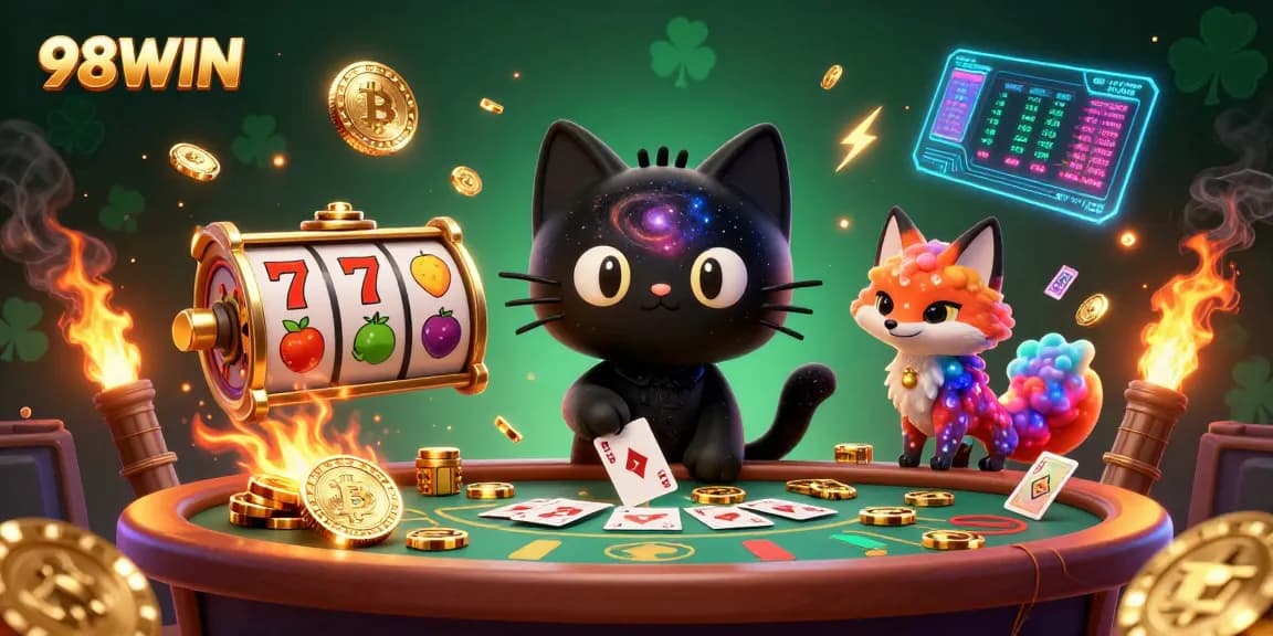 Join the cosmic gaming adventure at 98WIN, where gold chips and crypto collide in a vibrant casino.