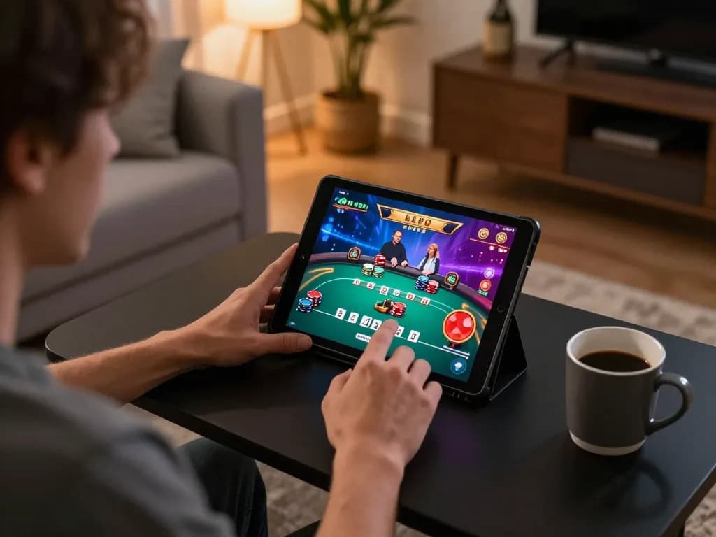 Exciting online poker gameplay on 789WIN app in a cozy home setting with dynamic graphics.
