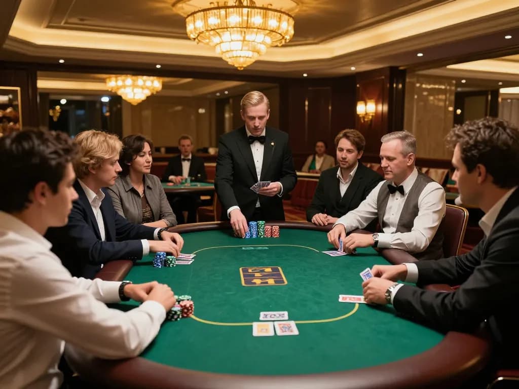 VA88 players engaging in high-stakes poker strategy during an upscale casino game night.
