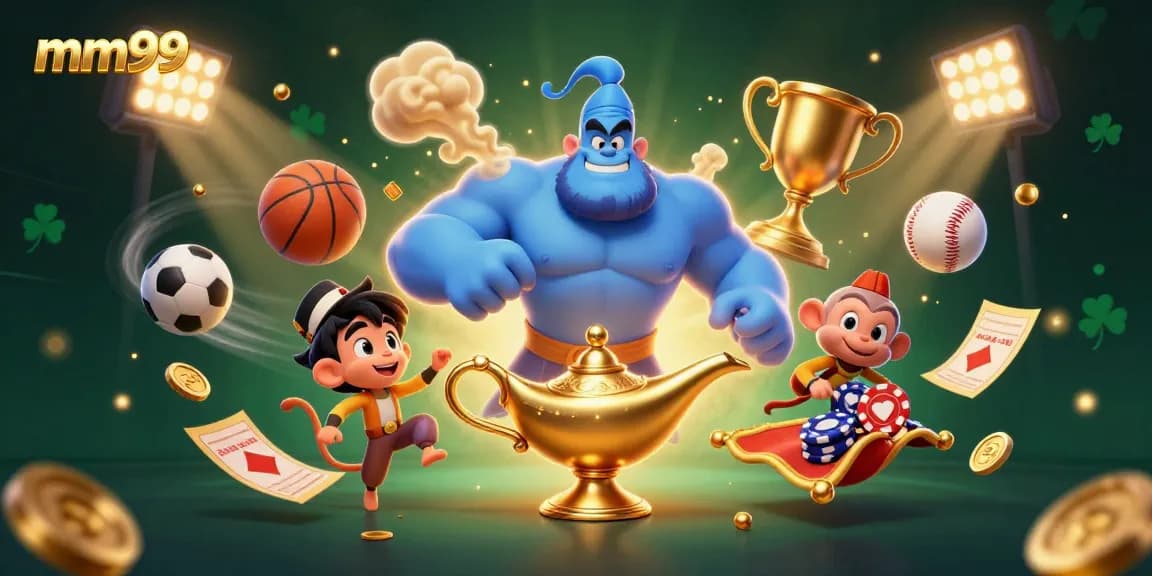 Experience thrilling mm99 moments at the casino with a blue genie and magical elements.