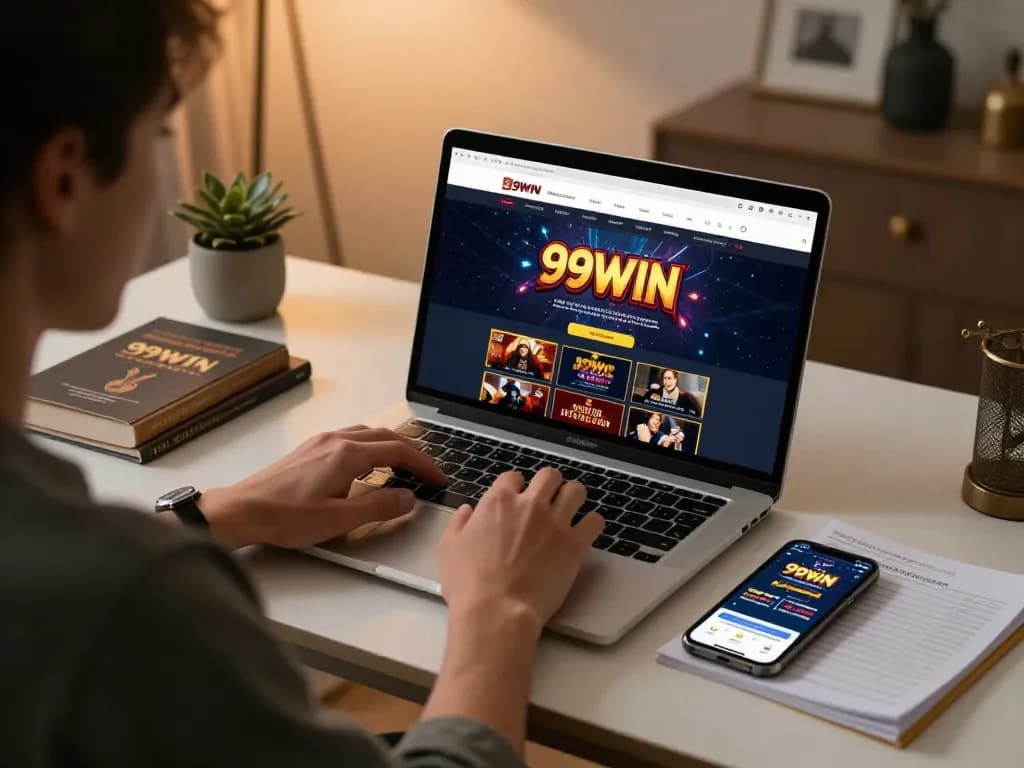 Person engaging with the 99WIN casino platform on a laptop, showcasing a modern home gaming environment.