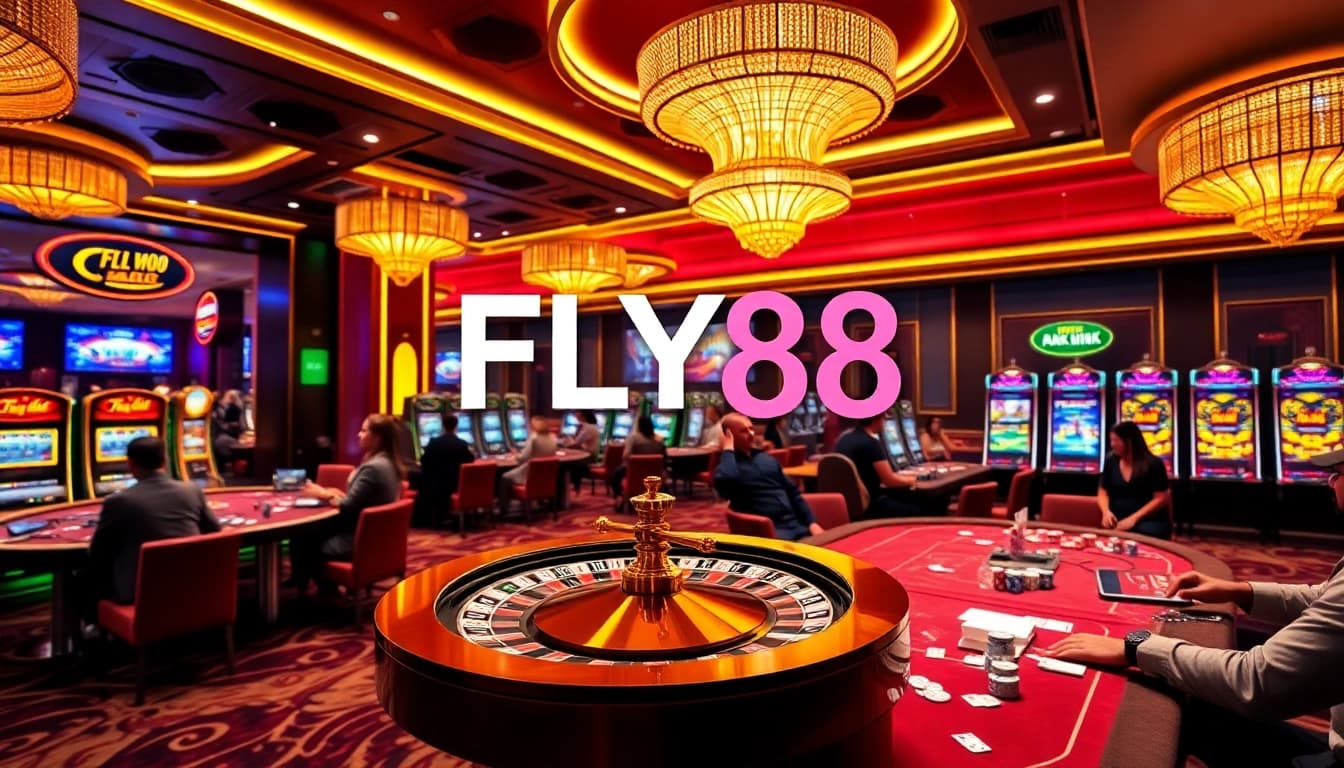 FLY88 casino players engaging at roulette and poker tables with vibrant atmosphere