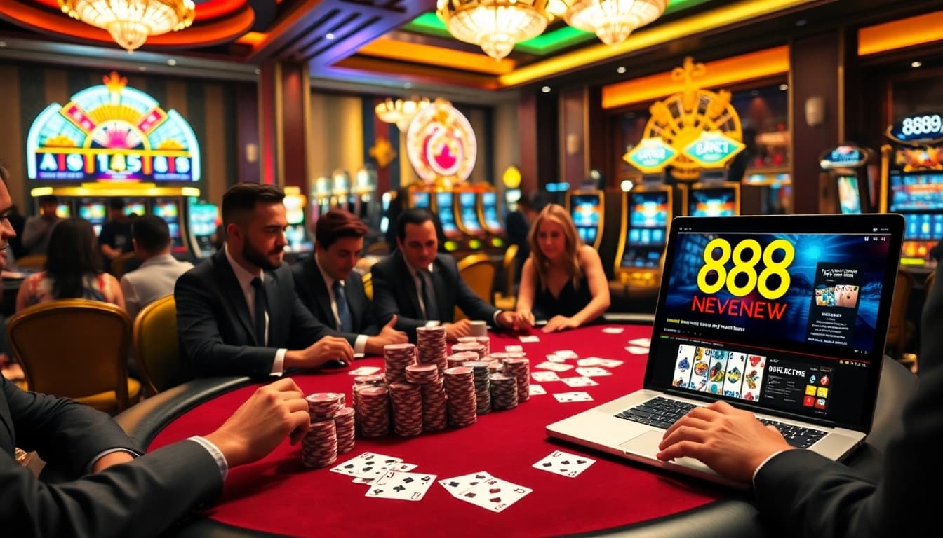 Players engaging at a poker table in an upscale environment at 888new casino.