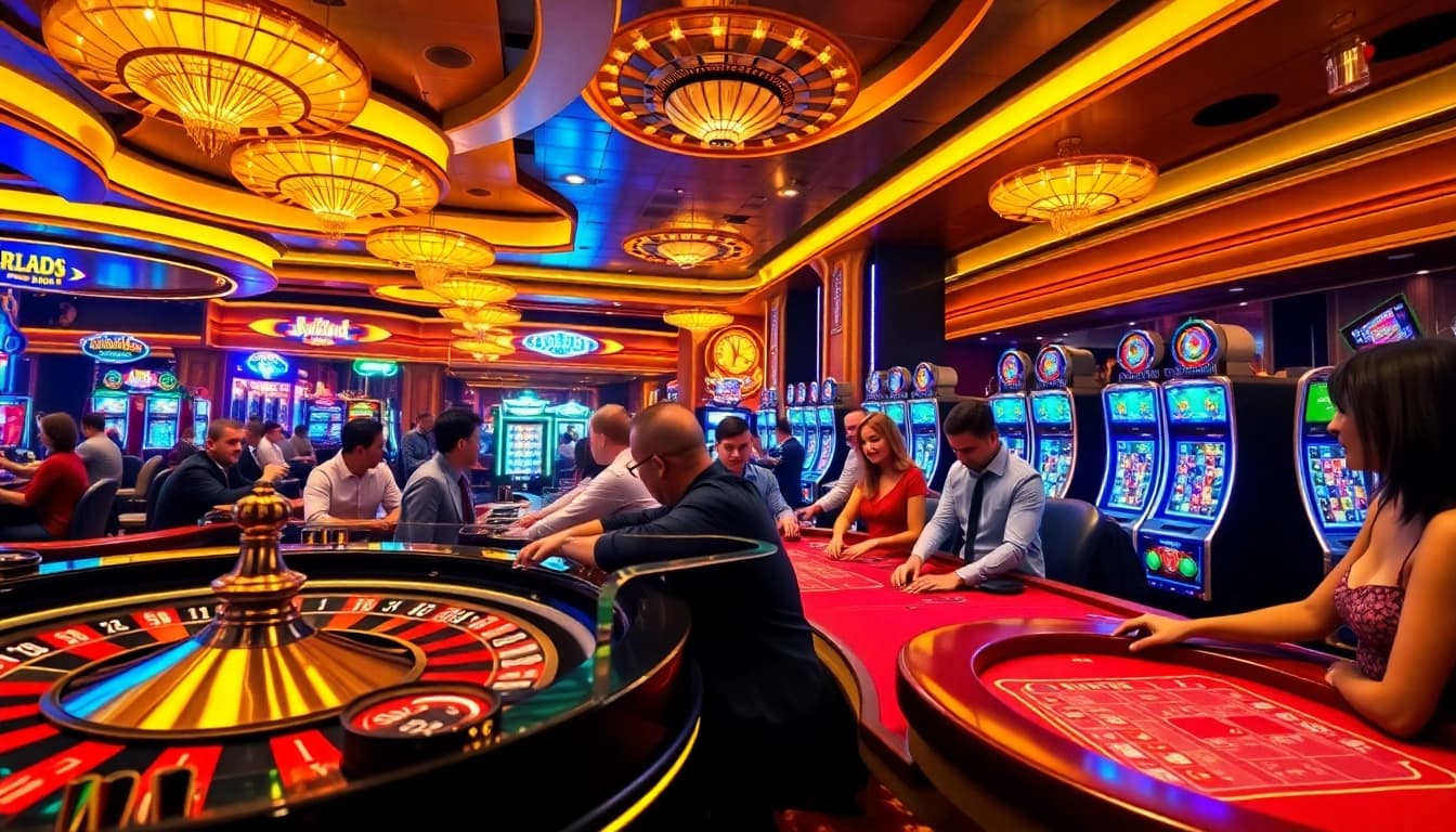 Nohu90.com engaging casino scene with poker tables and vibrant slot machines showcasing excitement.