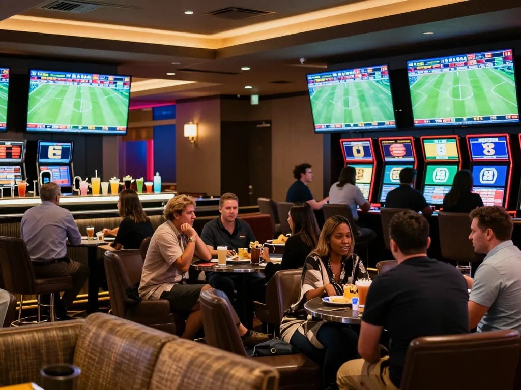 Bongdalu users analyzing sports odds in a modern betting lounge, showcasing live match excitement.