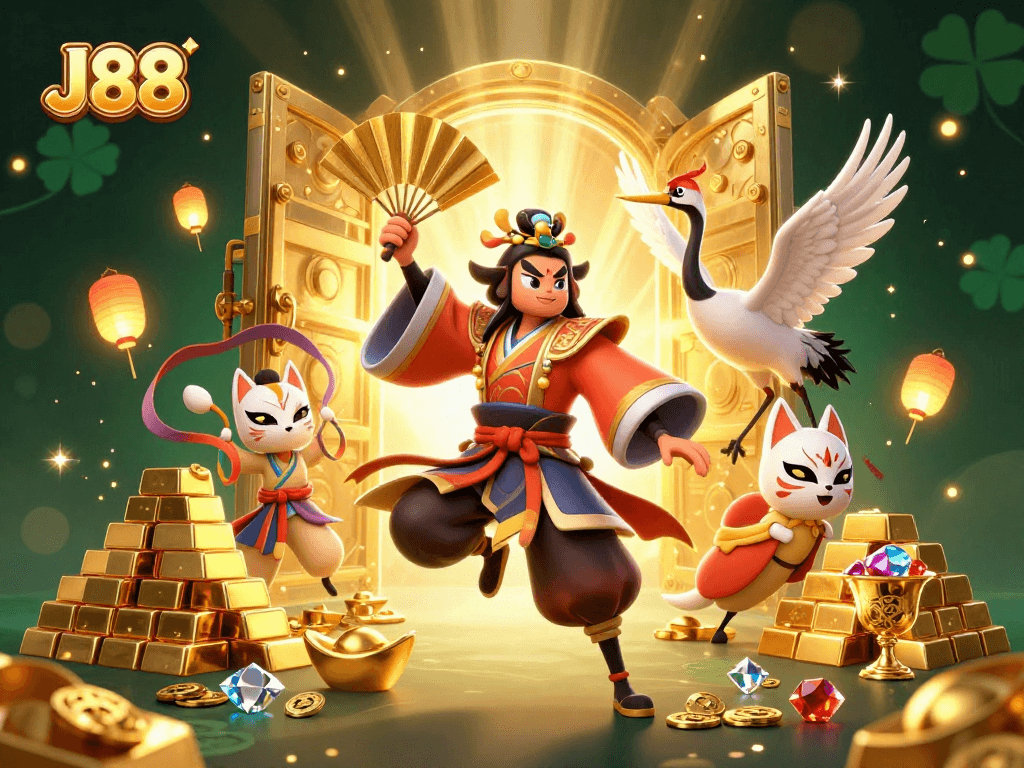 Experience thrilling gameplay at J88 with a dynamic casino scene featuring vibrant characters and treasures.