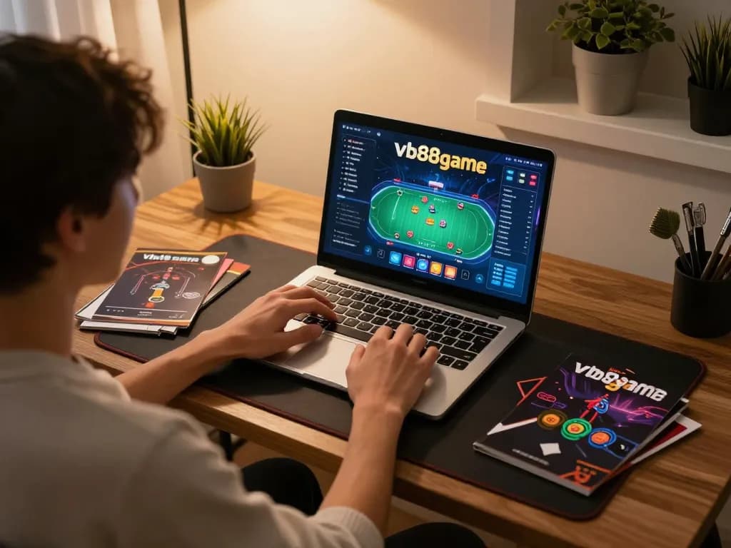 Engaged user strategizing on vb88game poker gameplay at stylish home office