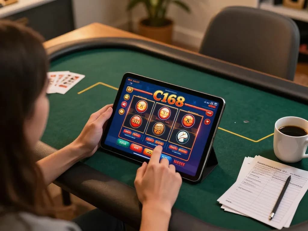 C168 player engaging with casino games on a tablet in a cozy home setting.