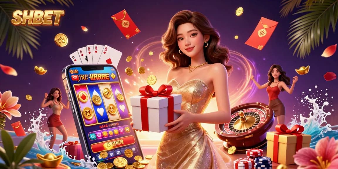 Engage with SHBET's captivating online gaming experience featuring a stunning Asian woman in a casino scene surrounded by gold coins and festive elements.