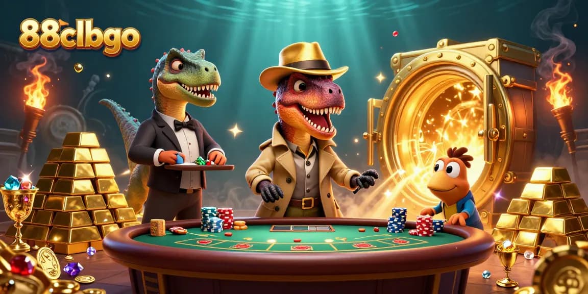 Experience the vibrant action at 88clbgo with an entertaining casino scene featuring a velociraptor and gold treasures.