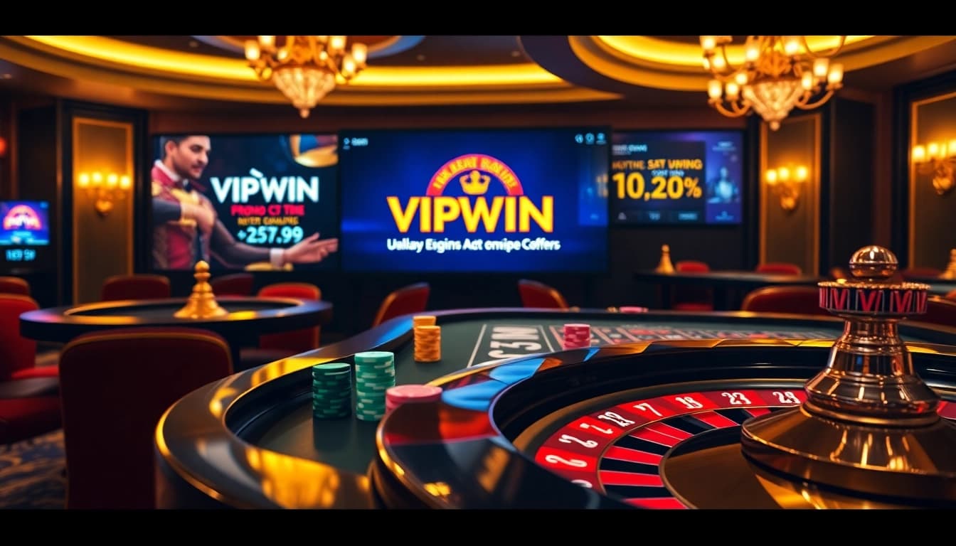 Experience the thrilling action of VIPWIN with a vibrant casino scene showcasing poker, roulette, and promotions.