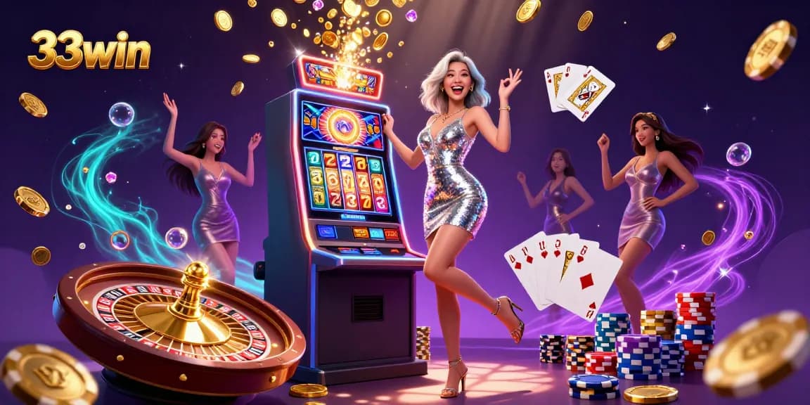 33win jackpot celebration with a stunning Asian woman surrounded by casino elements, capturing the thrill of winning.