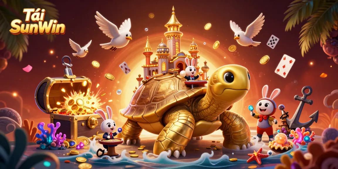 Experience Tải SunWin with a vibrant 3D casino scene featuring iconic elements like golden coins and a whimsical tortoise.