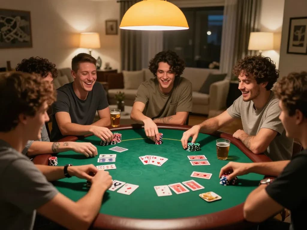 Friends enjoying a lively poker game at home, showcasing Trang chủ BEM88 atmosphere of fun and strategy.