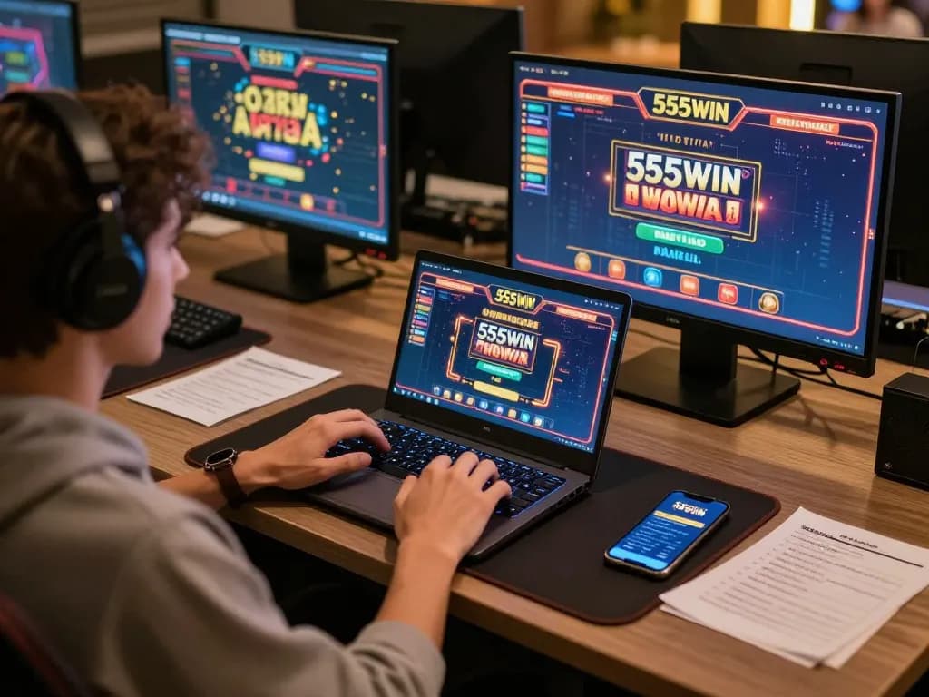 Engaged user playing 555WIN games on laptop, showcasing dynamic online casino experience.