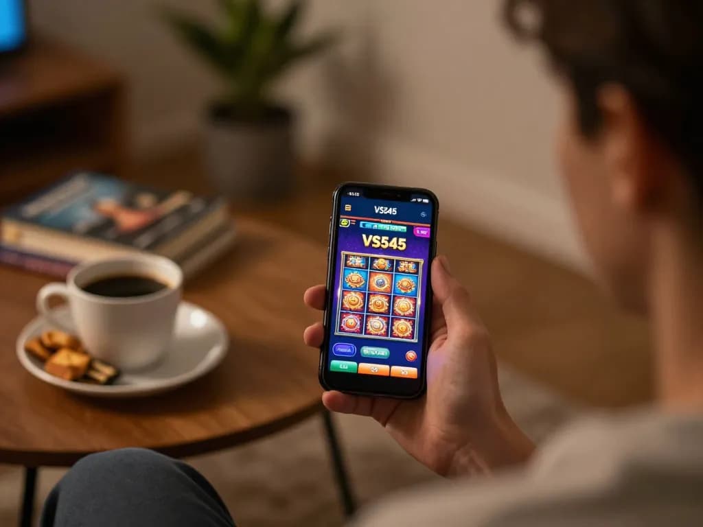 Playing slots on the VS555 app in a cozy home setting with snacks and coffee