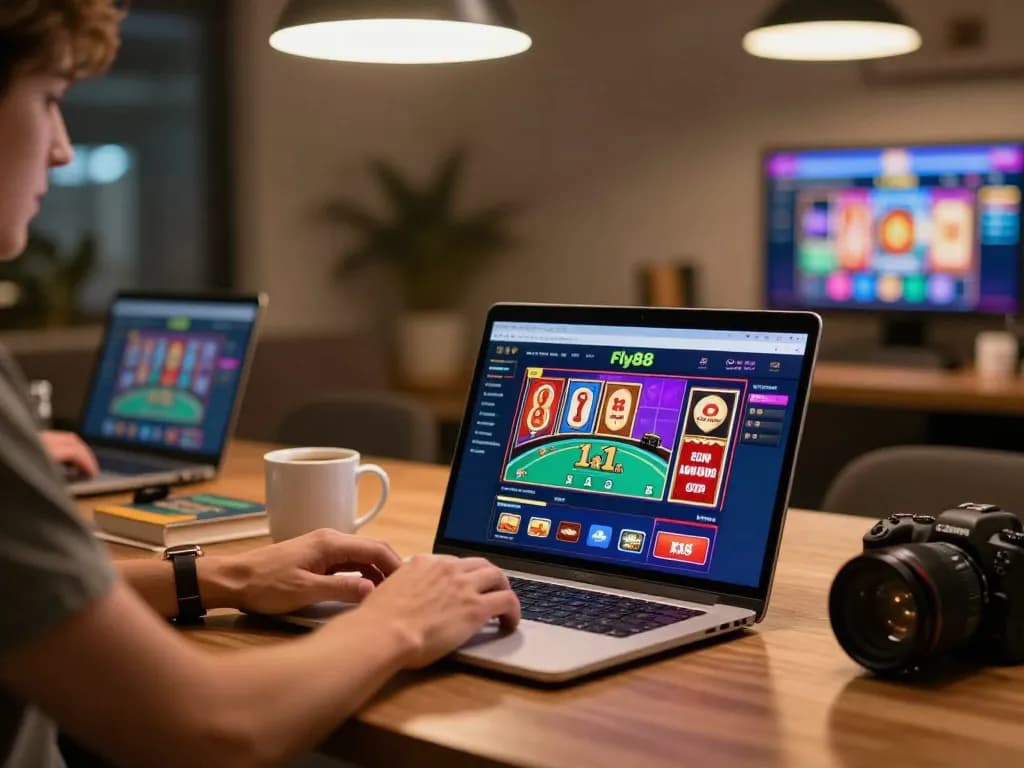 Player engaging in online gaming on Fly88 platform, showcasing interactive slot games and poker strategies