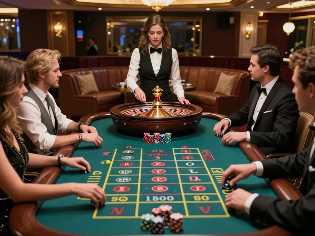 Experience the thrill of betting at CM88's luxurious roulette table with eager players and a focused croupier.