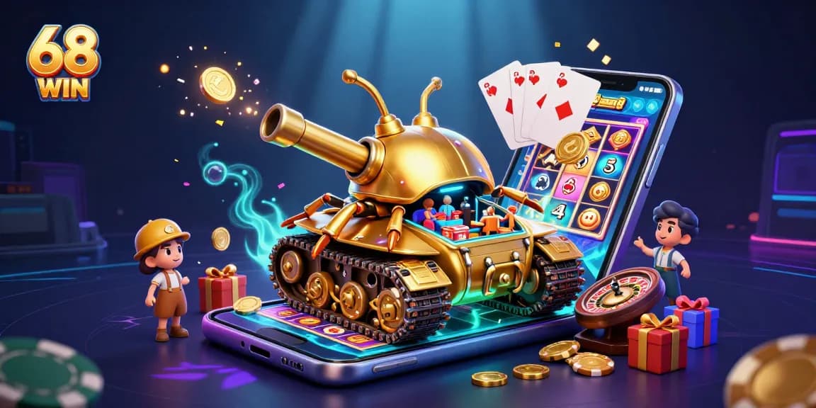 Experience the excitement of 68 WIN in this vibrant casino scene with golden coins and games.
