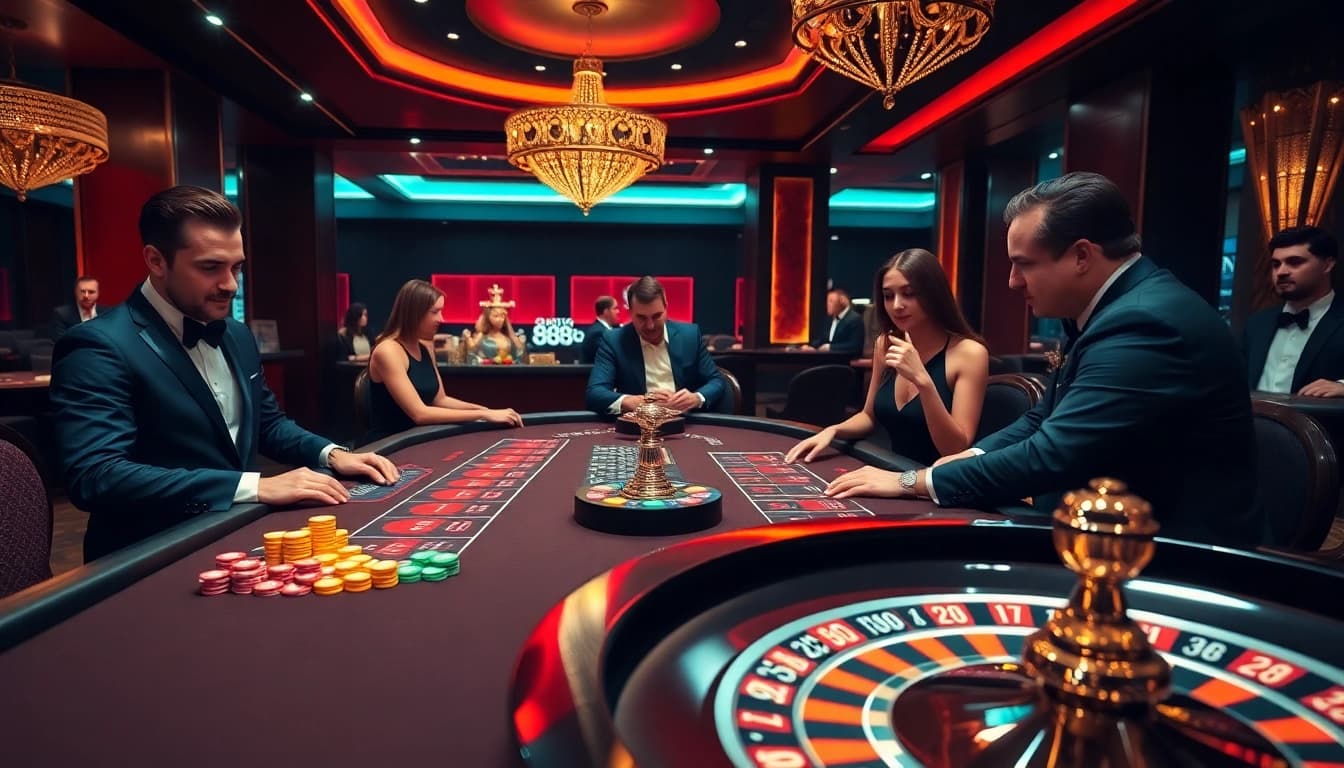 Excited players engaged at a luxurious casino table featuring the 888b brand.