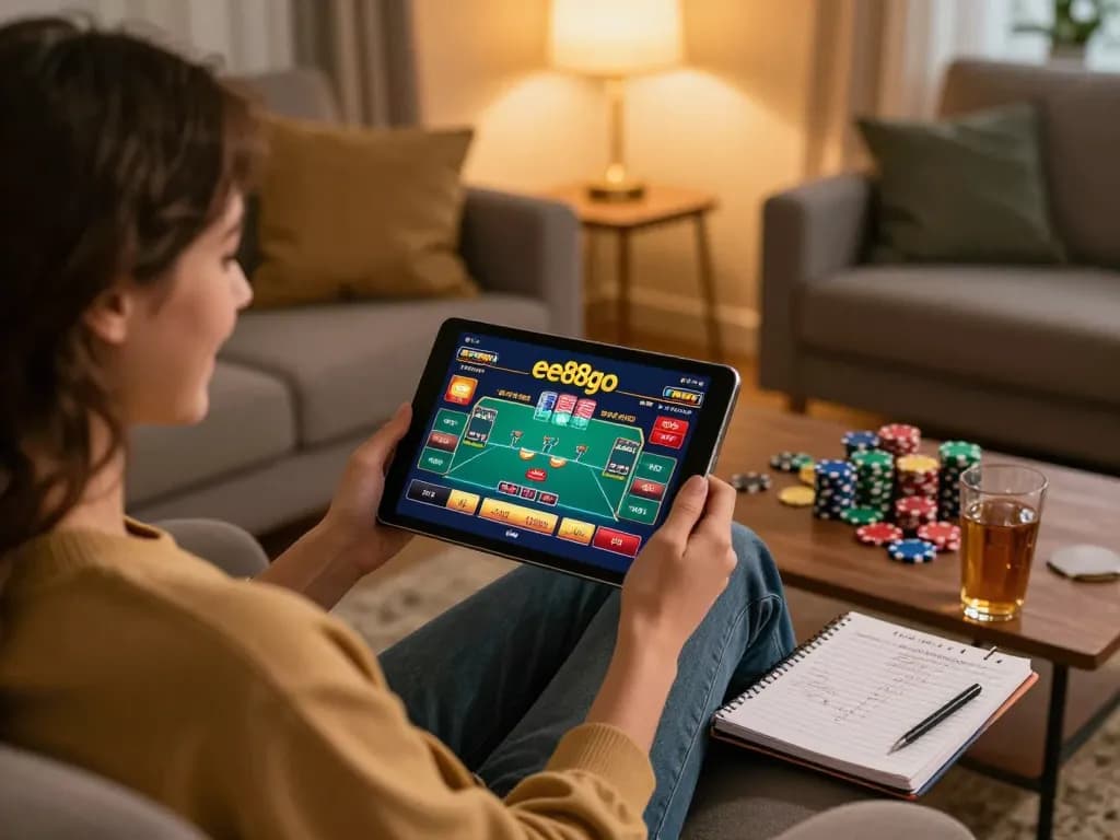 Engaging scene of online gaming at ee88go with a player enjoying poker on a tablet in a cozy home setting.