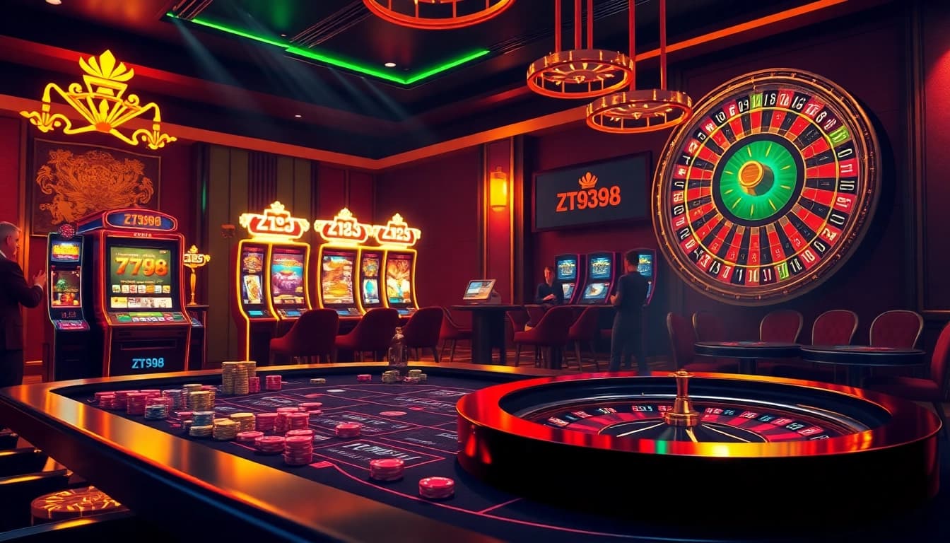 Players enjoying a lively online gambling experience at ZT9398 casino with vibrant slot machines and games.