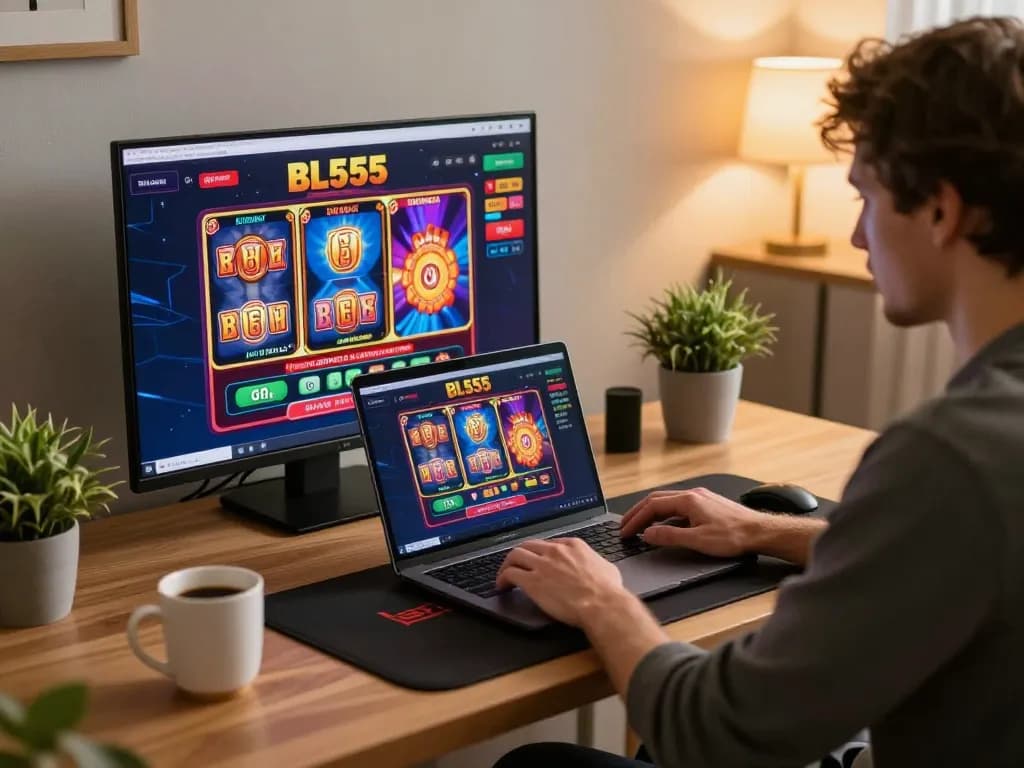 Engaged player using BL555 online casino platform on a laptop, showcasing vibrant gaming interface.