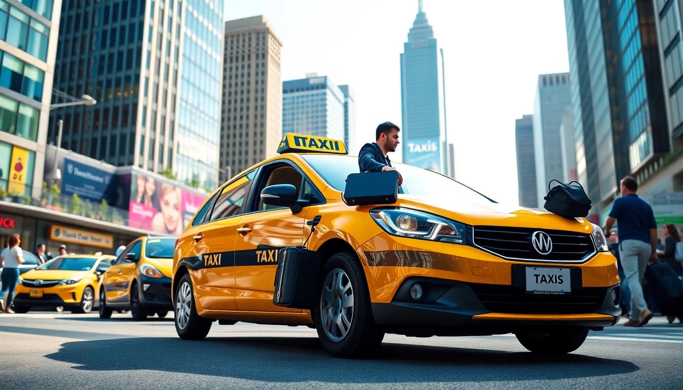 Taxi helping passengers with luggage in a vibrant city scene.