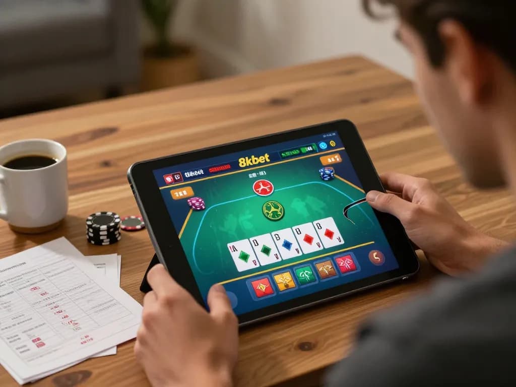 Player strategizing a blackjack game on tablet, showcasing 8kbet excitement in a cozy home setting.