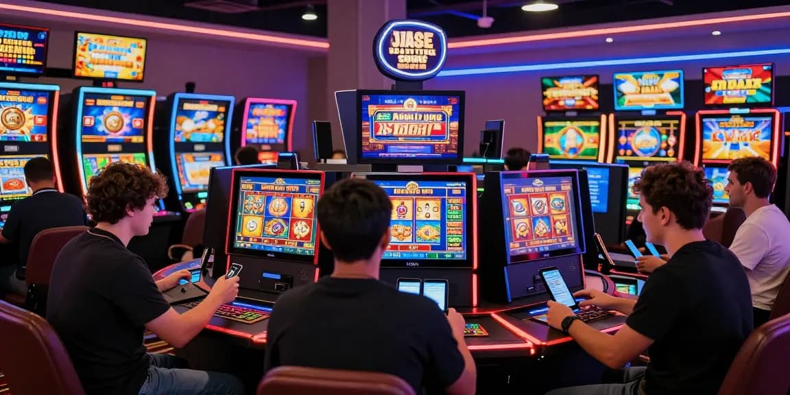 Players enjoying credit card casinos at being-there.org.uk, surrounded by vibrant neon lights and modern gaming technology.