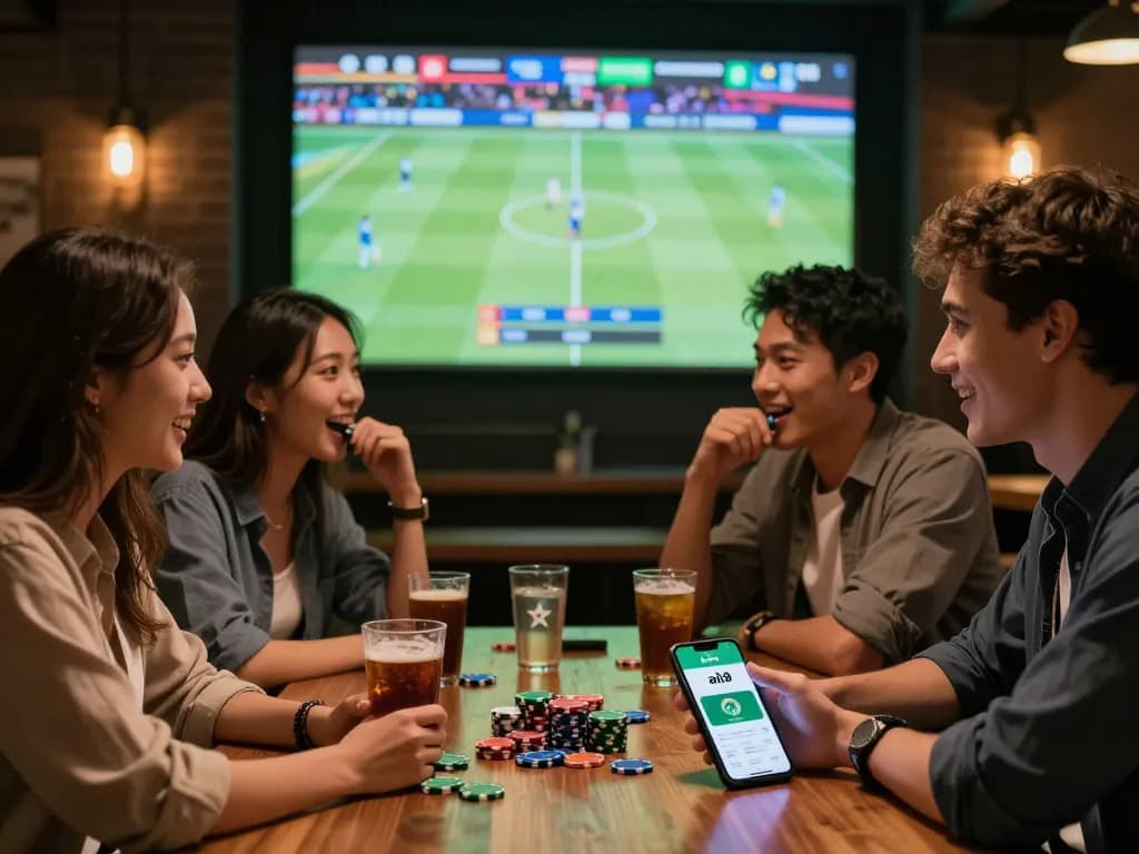 Enjoying sports betting action with alo8 app on smartphone and friends sharing excitement