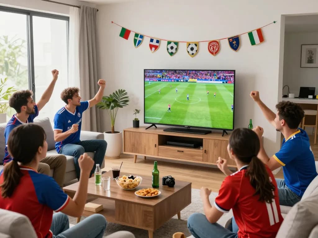 Lương Sơn TV live football match viewing party with friends enjoying snacks and drinks.